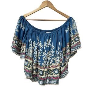 Natural Life Womens Floral Flowy‎ Cropped Ruffle Top Size XL Blue Boho Gypsy